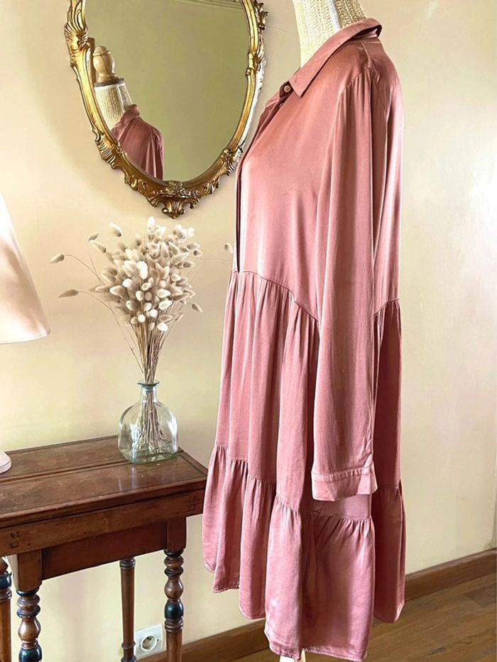 Robe Rose satinée plissée à Manches Longues - Zara - Taille XL - photo numéro 5