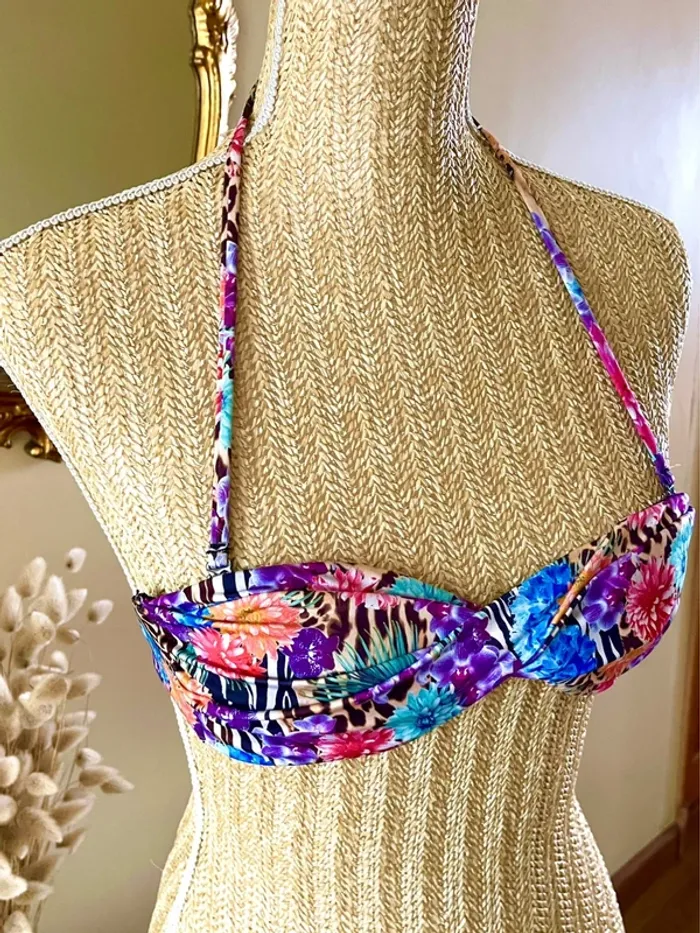 sublime Haut de bikini bandeau fleurs multicolores imprime animal bretelle amovible neuf - photo numéro 2