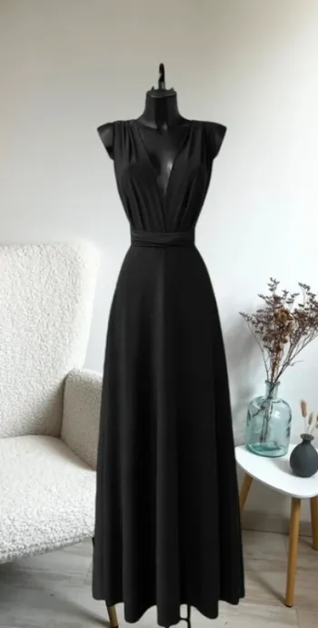 Magnifique robe longue couleur noire de fabrication française multiples positions