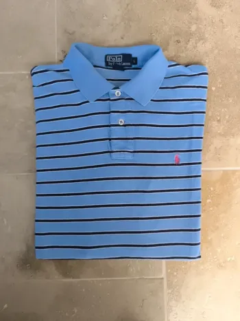 Joli Polo Ralph Lauren L bleu clair rayures marine blanche logo rose excellent état
