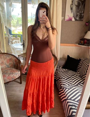 Jupe longue maxi skirt vintage corail capri dentelle bohème champêtre