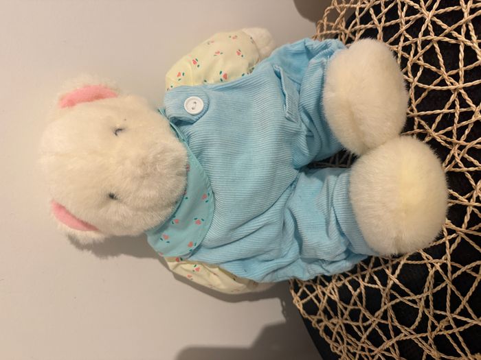 Doudou ours blanc avec salopette bleue "eden" - photo numéro 4