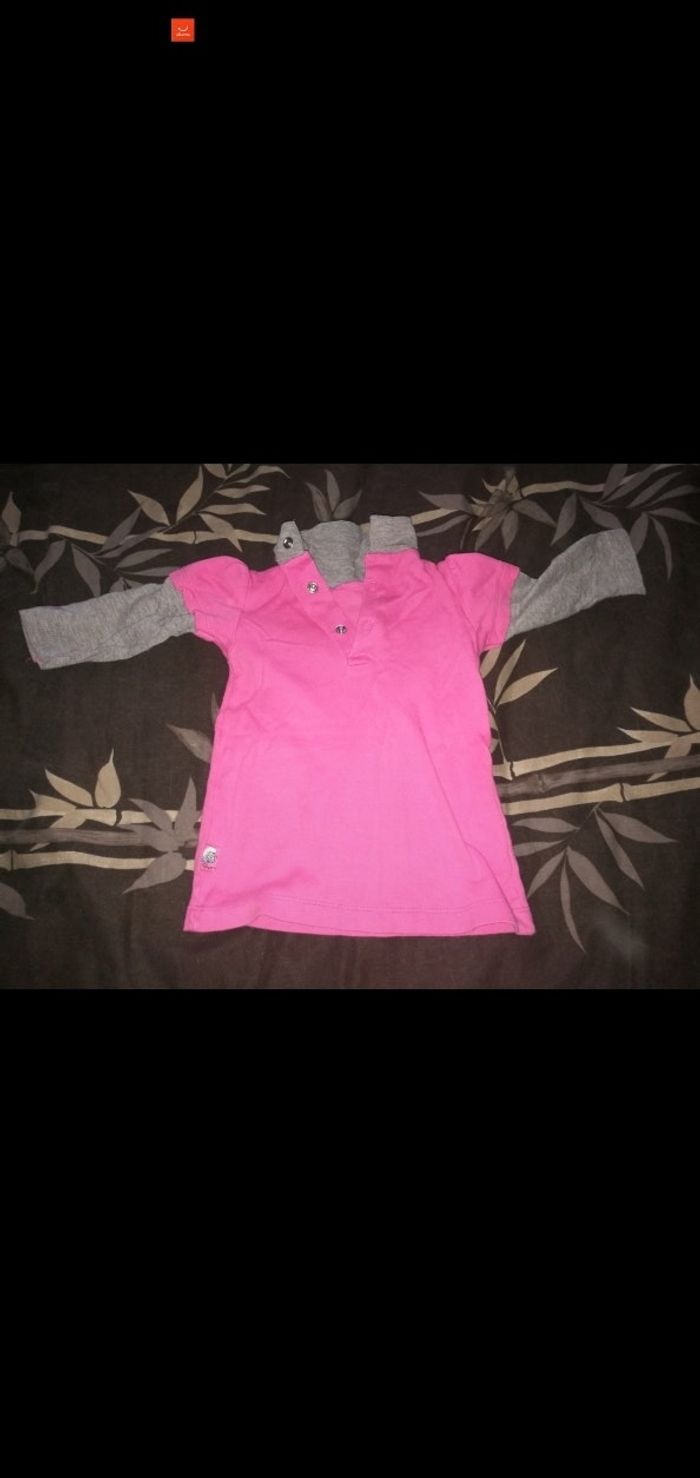 Tee shirt 12 mois manches longues col roulé rose/gris stroumphe - photo numéro 2