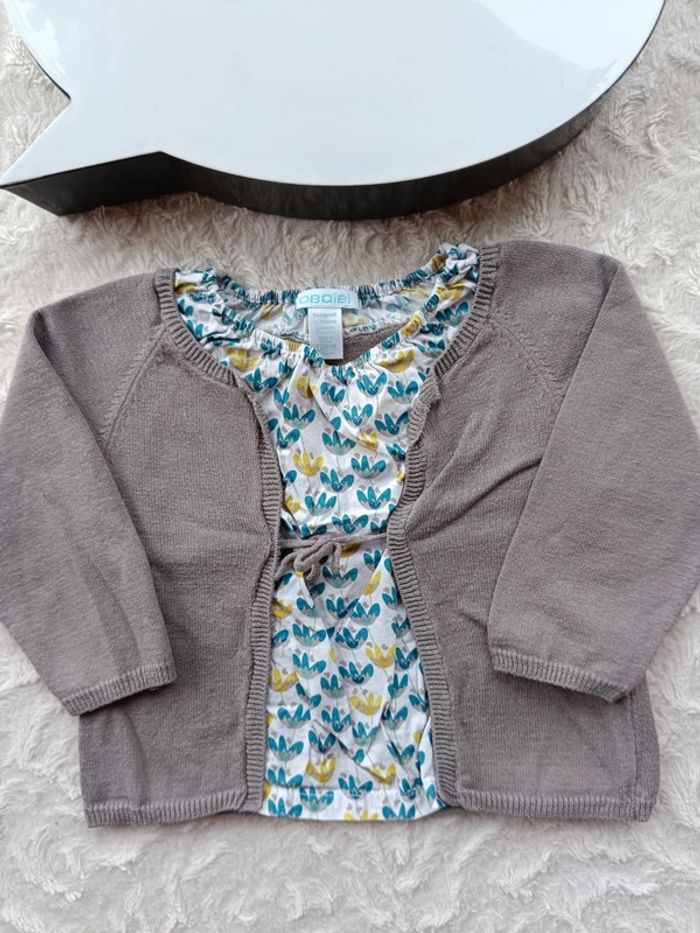 Tunique manches longues style gilet Fille 12 mois fleurs Obaïbi 100% coton - photo numéro 2