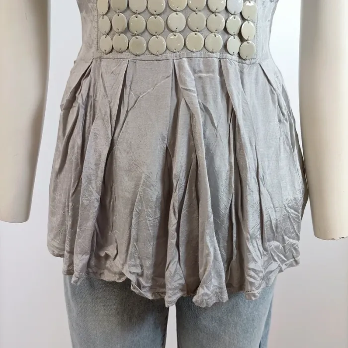 Haut fluide Kookaï gris perle détail plastron rondes T40 col plongeant A1578 - photo numéro 3