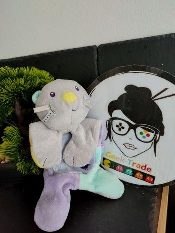 Doudou Chat gris bleu Mauve oiseau poussin Sucre d Orge raye jaune Violet 3123