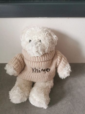 Peluche doudou ours nounours blanc pull khimo beige