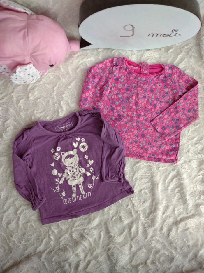 Lot de 2 tee shirt manches longues Fille 9 mois Fleurs Chat Cute Little kitty In Extenso 100% coton - photo numéro 2