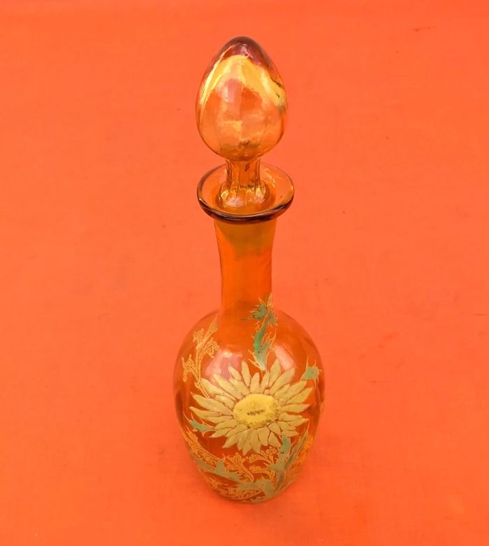 Années 1900'  Carafe à liqueur Verre ambre soufflé et émaillé  Décor tournesol - photo numéro 7