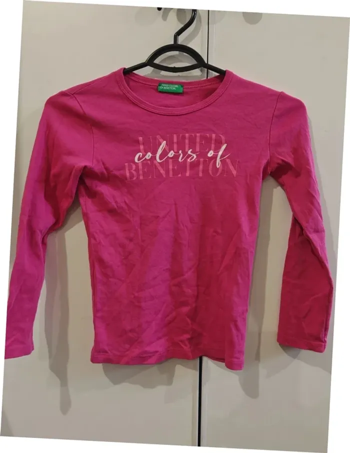 T-shirt manches longues Benetton rose 7-8 ans 👧 100% coton, logo imprimé