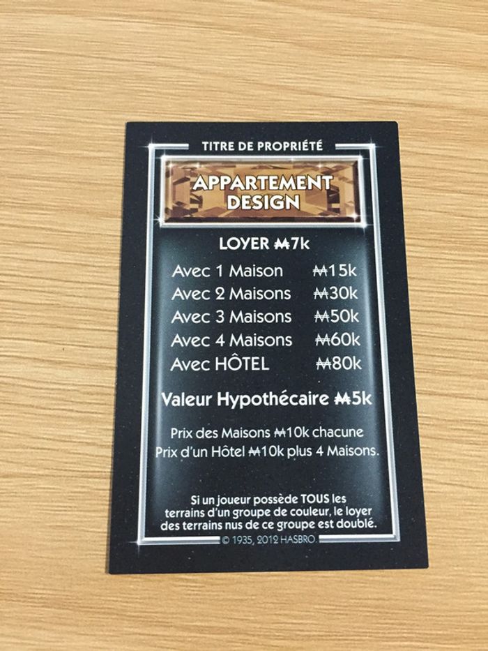 Carte titre de propriété Appartement design pièce détachée jeu de société Monopoly Millionnaire #A45