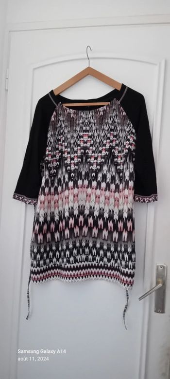 Tunique longue bi matière imprimé ethnique noir femme Taille 3