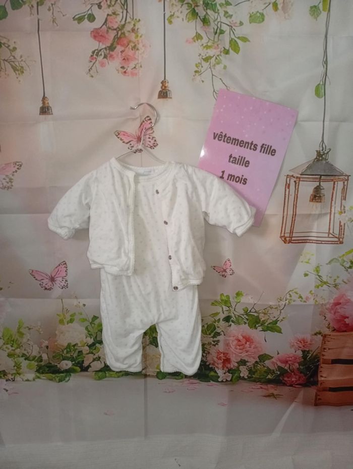 Ensemble ( salopette + gilet ) Jacadi paris blanc taille 1 mois / 56 cm