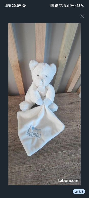 Ours blanc et bleu j'aime mon doudou