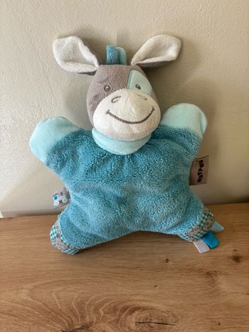 Doudou peluche âne cheval Gaston grelot bleu gris nattou