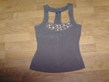 Top MEXX marron clair et perles bois déco S TBE