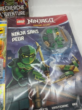 Lot de 3livres D’activités Magazines Lego Ninjago Avec leurs figurines Neuf   Le lot est neuf sous blister comme en magasin.   Lego ninjago comics numéro 18 aspheera  Lego Ninjago dragon's rising Ninja sans peur avec sa figurine LLyod Lego ninjago A 