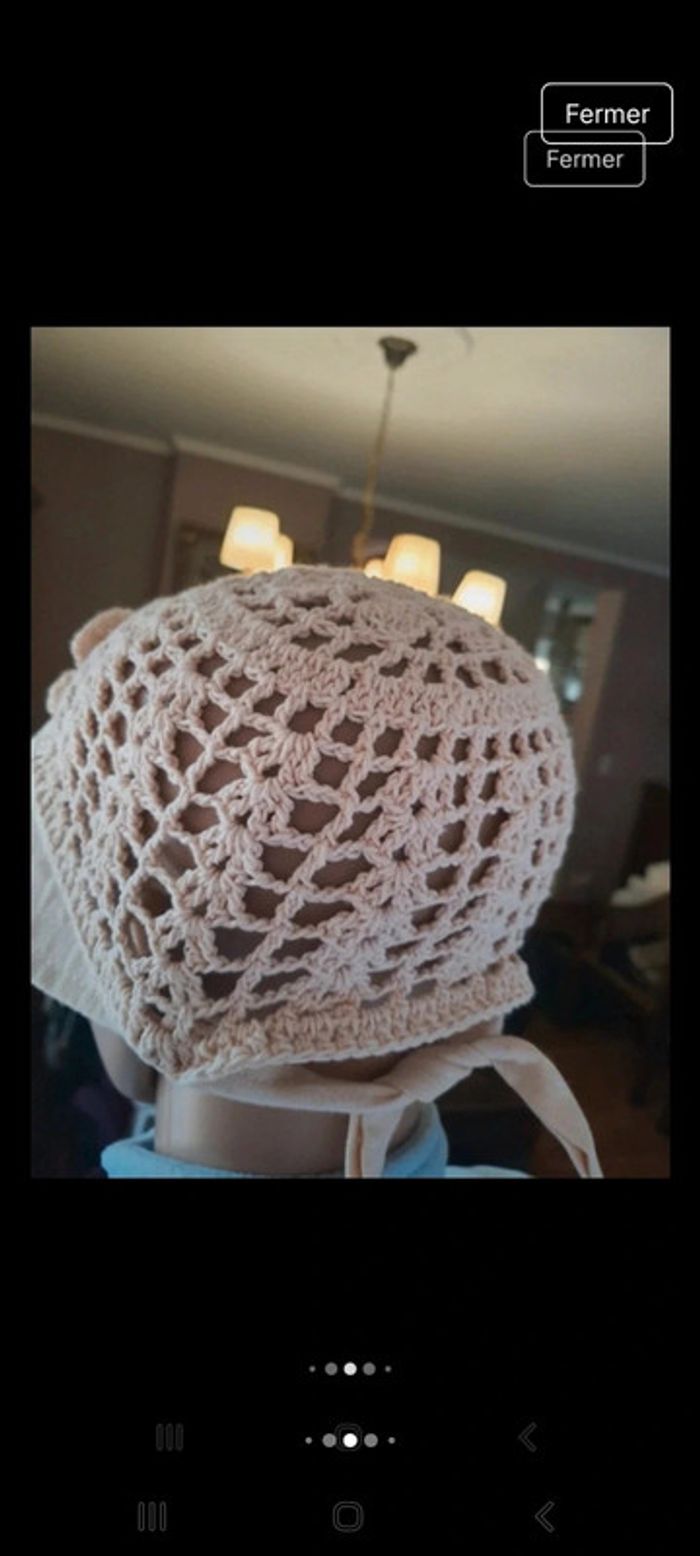 Joli Chapeau beige tricoté en coton/lin fait main - photo numéro 8
