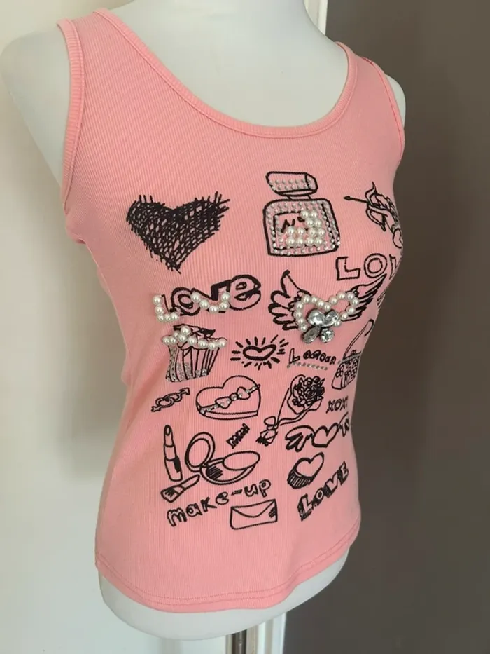 My pink tee T-shirt débardeur rose incrusté perle - photo numéro 3