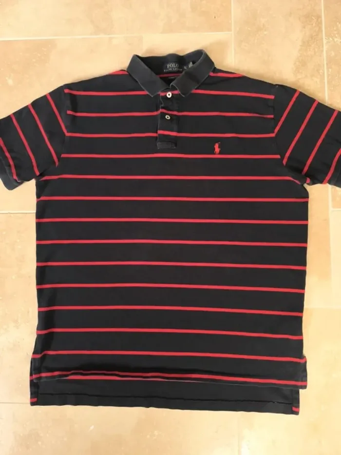 Polo Ralph Lauren homme XL noir rayures et logo rouge parfait état - photo numéro 2
