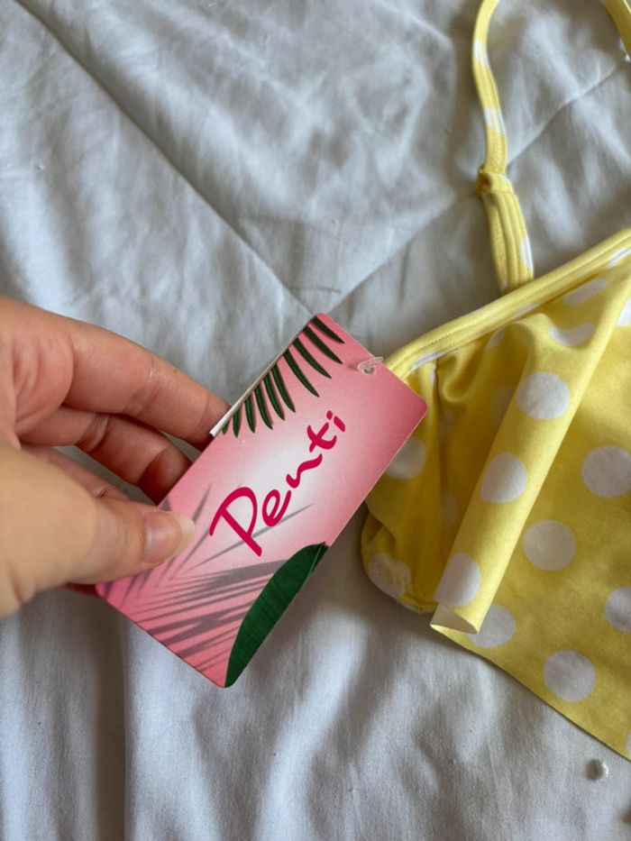 Haut de maillot de bain jaune à pois blanc volant taille M/38 Penti neuf - photo numéro 3