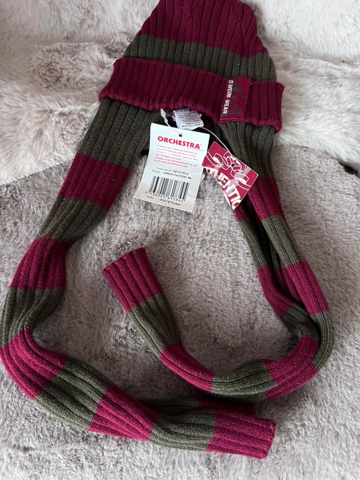 Bonnet 2 en 1 avec écharpe inclus marque orchestra kaki bordeaux taille 45/47 (0124) - photo numéro 3