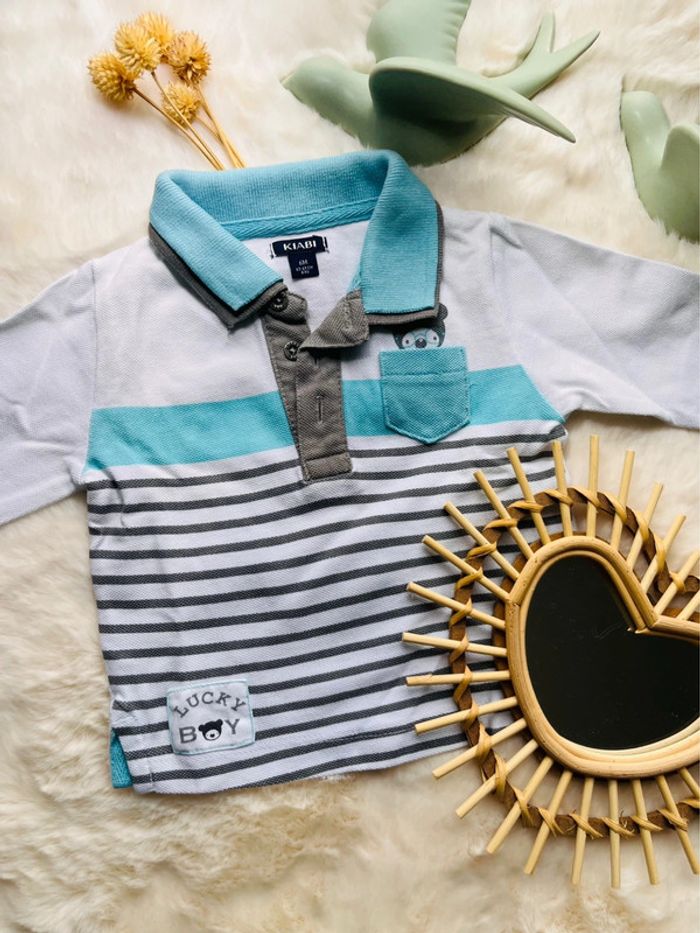 Pantalon léger gris + polo manches longues bleu kiabi, 6 mois, bébé garçon, très bon état - photo numéro 2