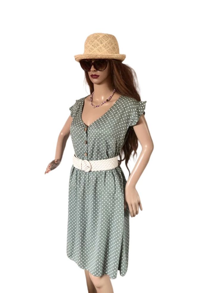 🩶Robe à pois d’été bohème champêtre gris tilleul🌿Linden gray white polka dots dress🩶 - photo numéro 5