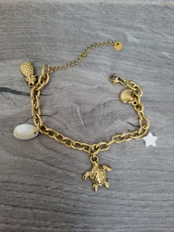Bracelet acier inoxydable doré thème océanique avec coquillage et ananas