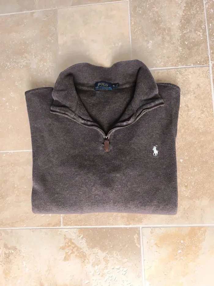 Pull quart zip camionneur Ralph Lauren marron logo blanc XL