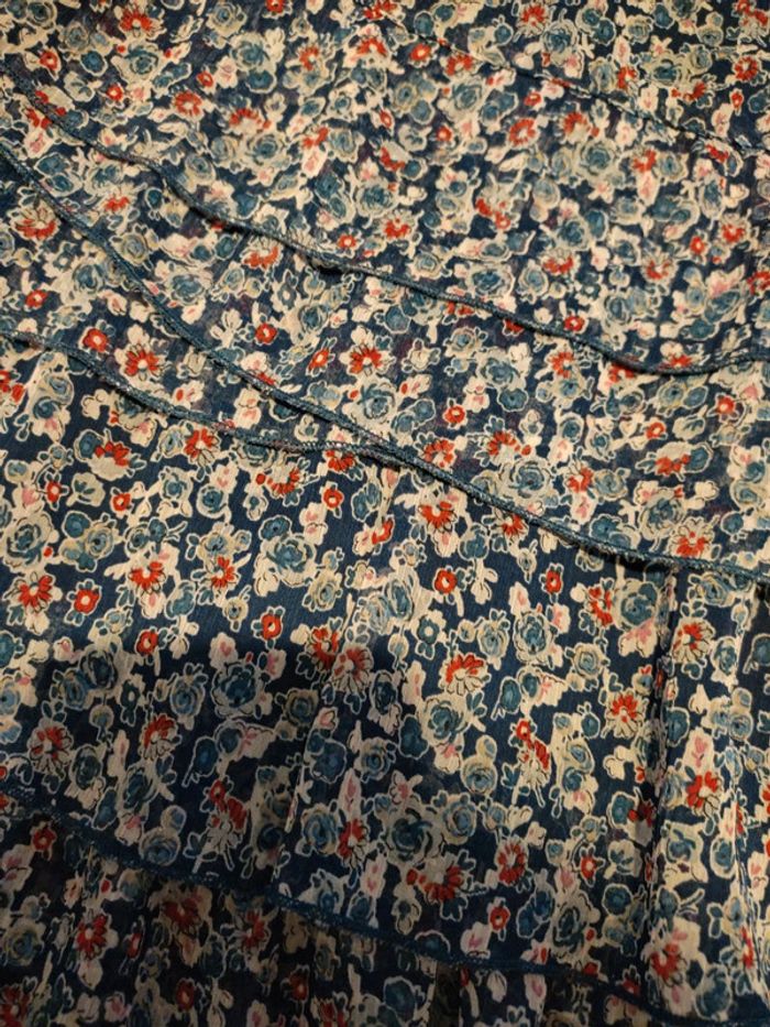 Jupe courte minijupe volants bleu motif fleurs Phildar taille 38 - photo numéro 3