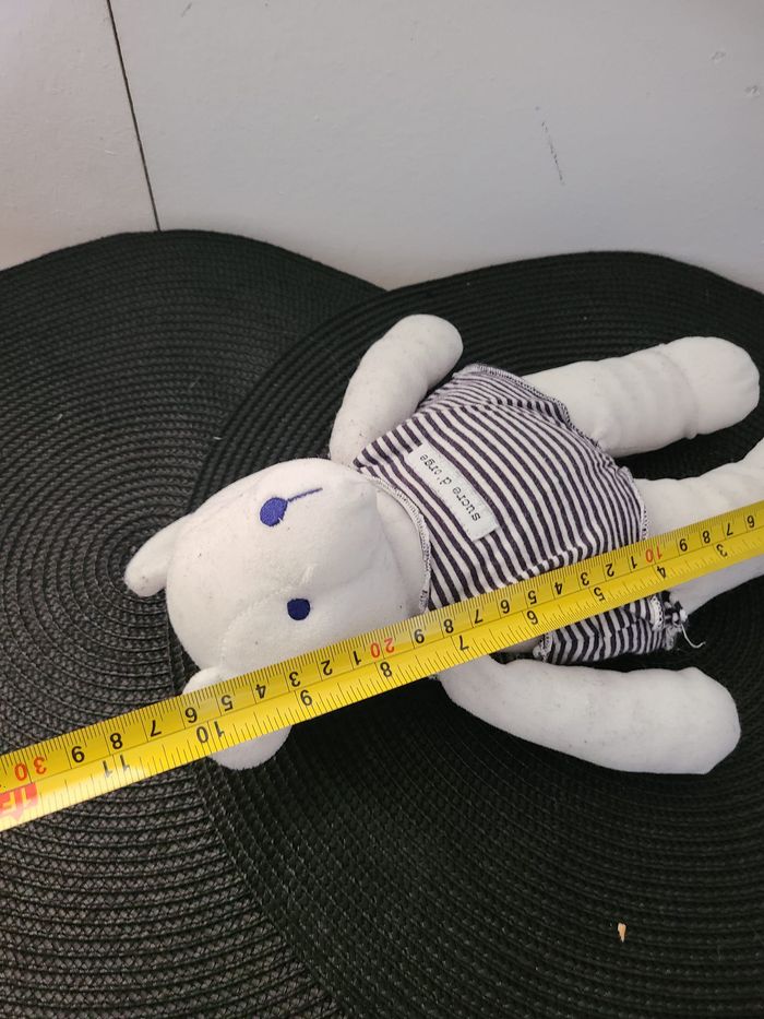 Doudou Ours blanc salopette rayé bleu Marine Sucre d'orge - photo numéro 2