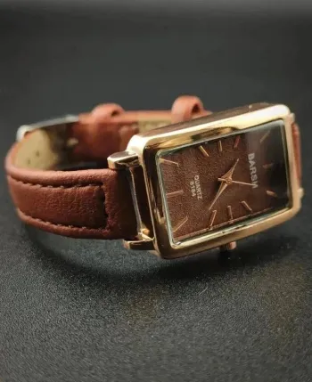 Montre fine rectangulaire, brun & rose-doré
