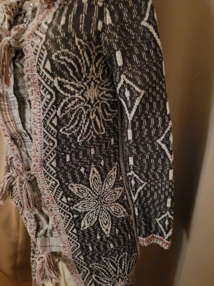 Veste gilet long à capuche en maille, marron et beige - photo numéro 4