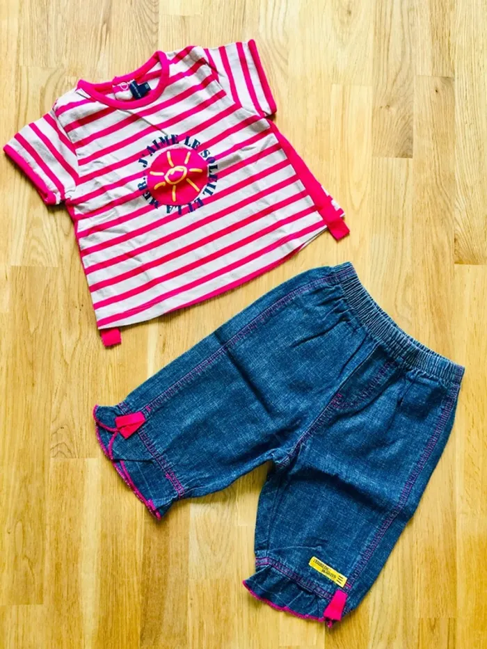 Petit ensemble pantalon + tee shirt marin fille 12 mois
