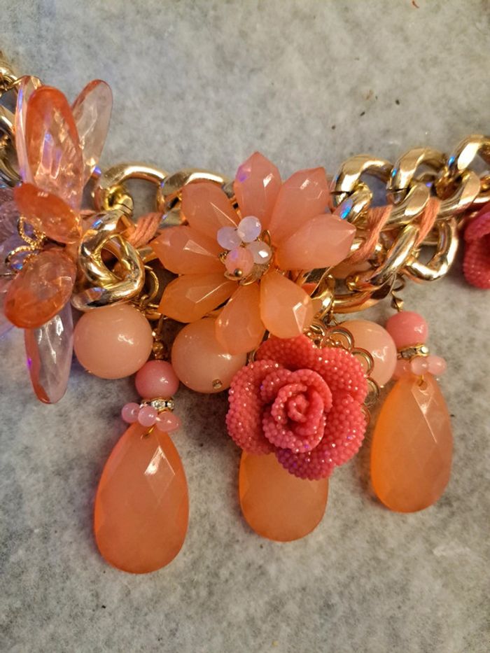 Magnifique collier fleur bohème champêtre orange corail et doré - photo numéro 8