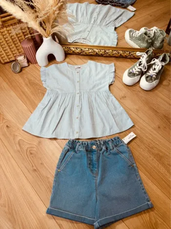 Taille 8 ans tenue 2 pièces été fille TAO bleue et bleue jean * rayures argentées * 🌸
