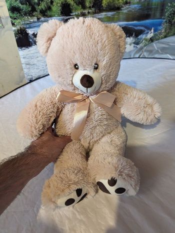 Gros Ours Ourson Beige Flot Ruban Jaune Ocre Animal Faune Peluche Petits Enfants Bébés