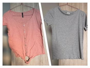 T-shirt manches courtes côtelé gris et rose