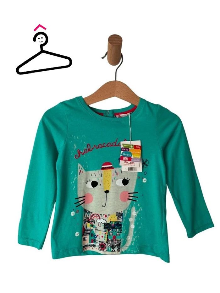 (NEUF) T-shirt manches longues vert d’eau motif chat - DPAM 24 mois (86cm)