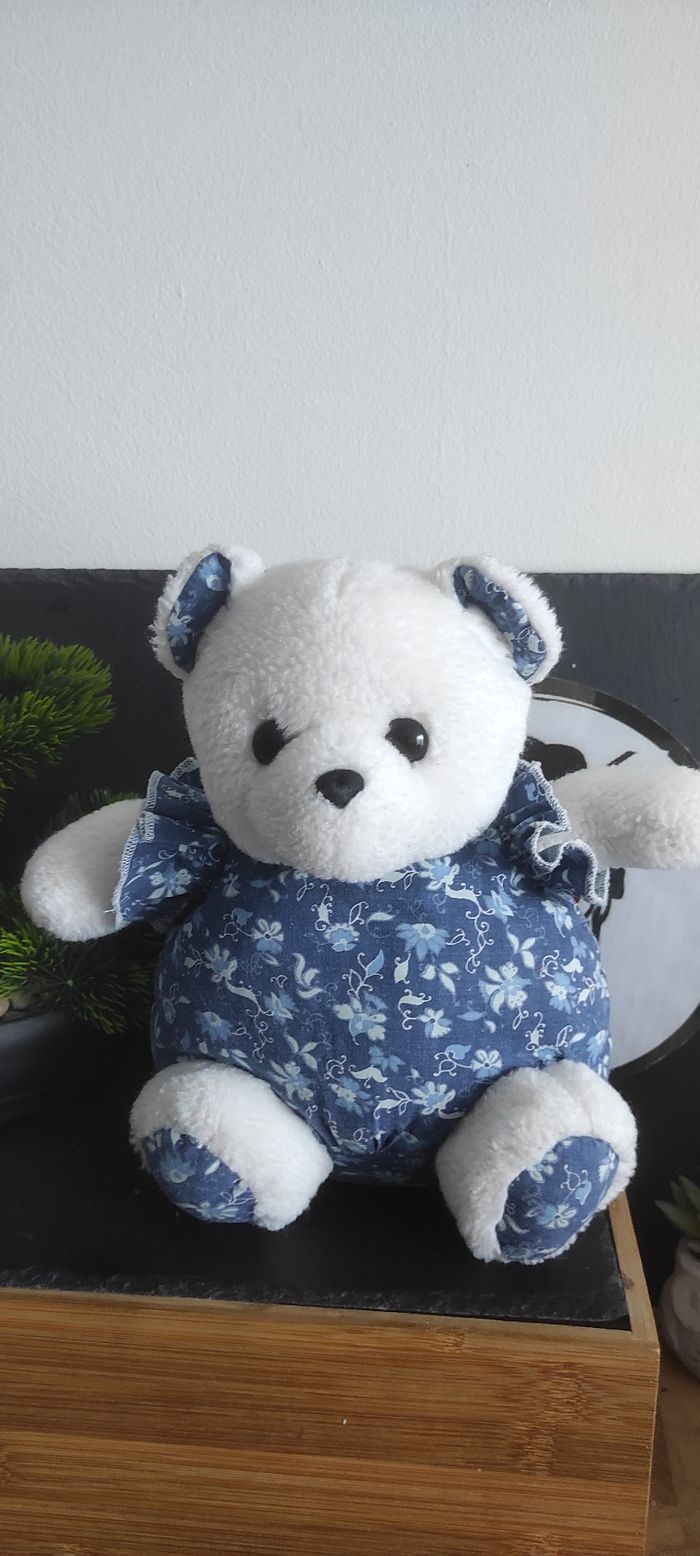 doudou ours boule ajena peluche fleur bleu marine blanc ancien Noir Bille Tissu