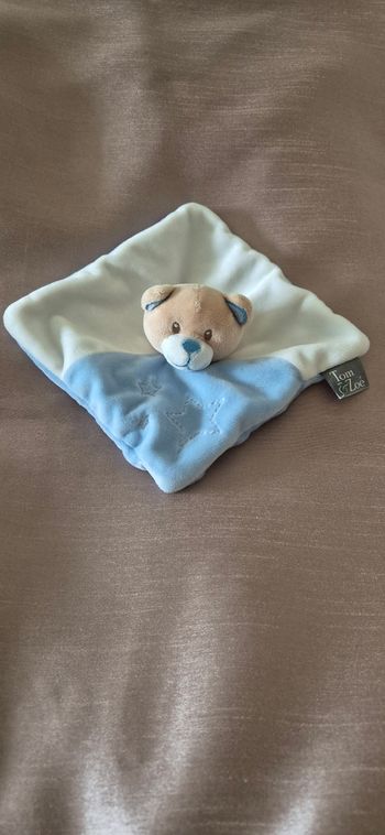 Doudou ourson Plat Carré Bleu Beige Étoiles