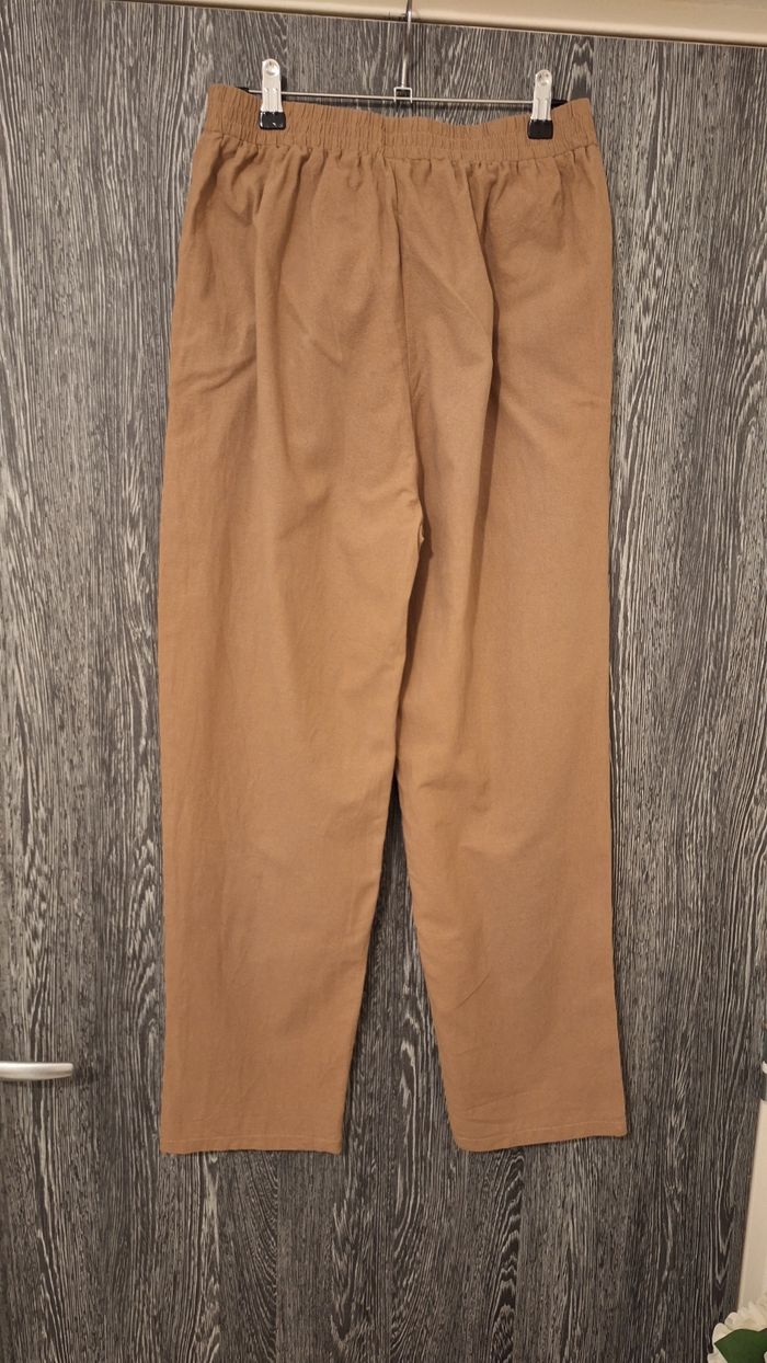 Pantalon décontracté coupe droite type lin marron - photo numéro 2