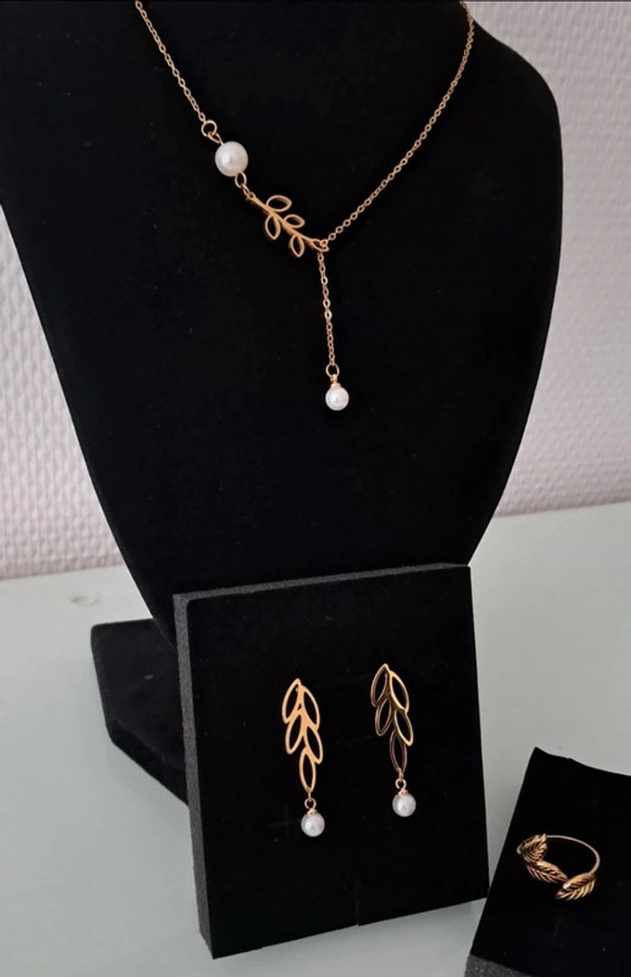 Parure acier inoxydable feuille perle