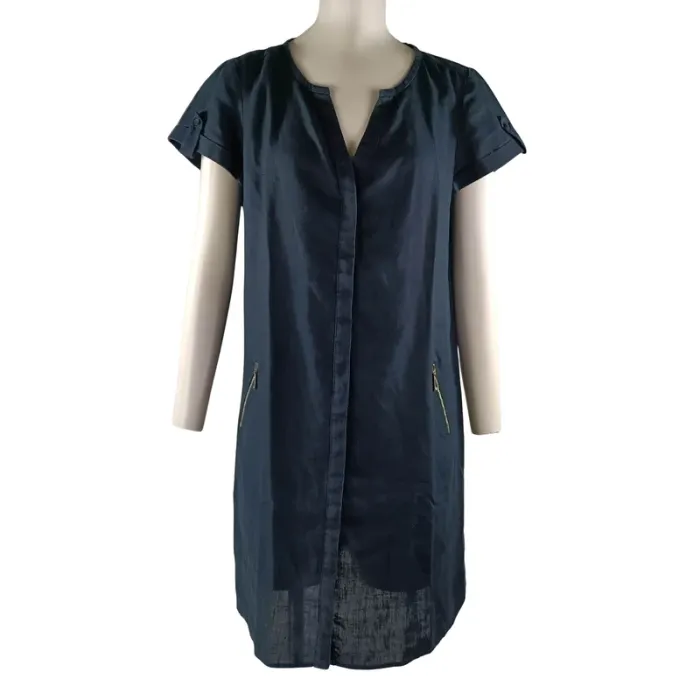 Robe droite bleu marine en 100 % lin, col V zippé – Caroll T.40 A1122