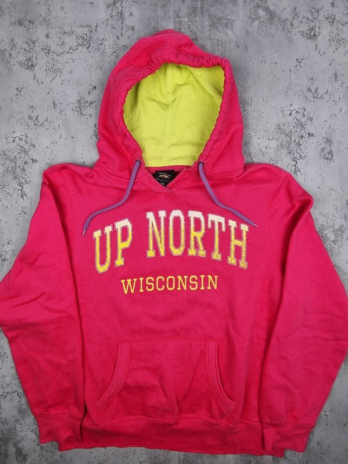 Pull à capuche universitaire Wisconsin rose & jaune – Taille XXL Femme (mesures en photos) - photo numéro 3
