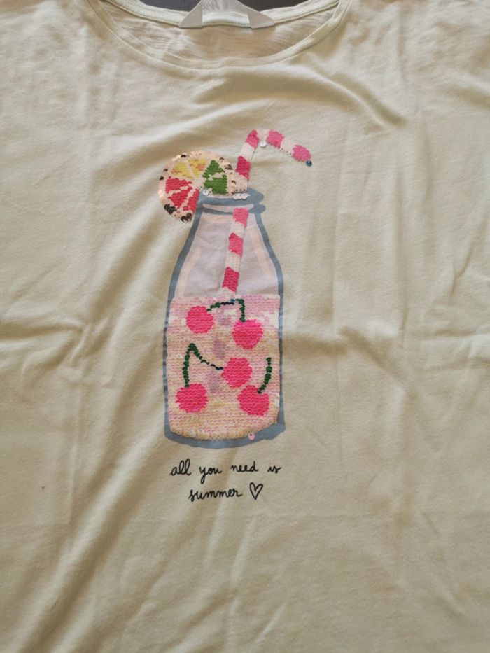 Tee-shirt vert pâle sequins boissons cerise HetM 9-10 ans - photo numéro 3