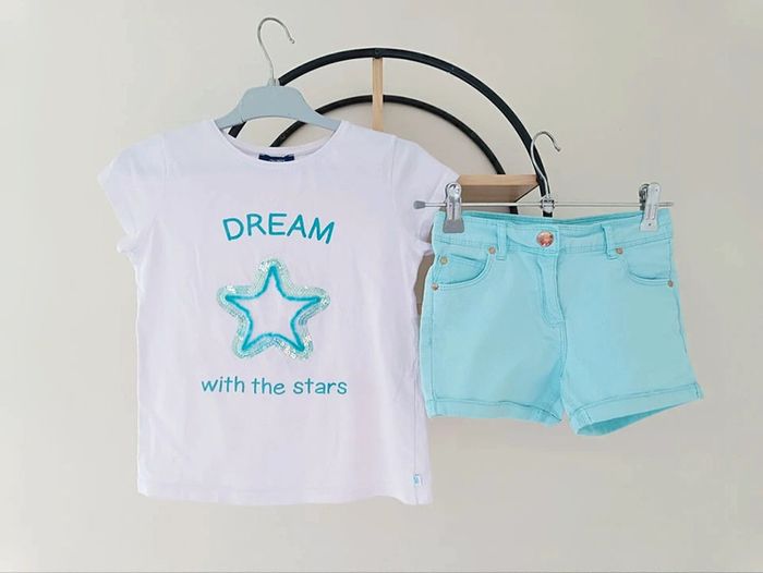 7-8 ans ensemble été Teeshirt Okaïdi (8 ans) et short orchestra (7 ans)