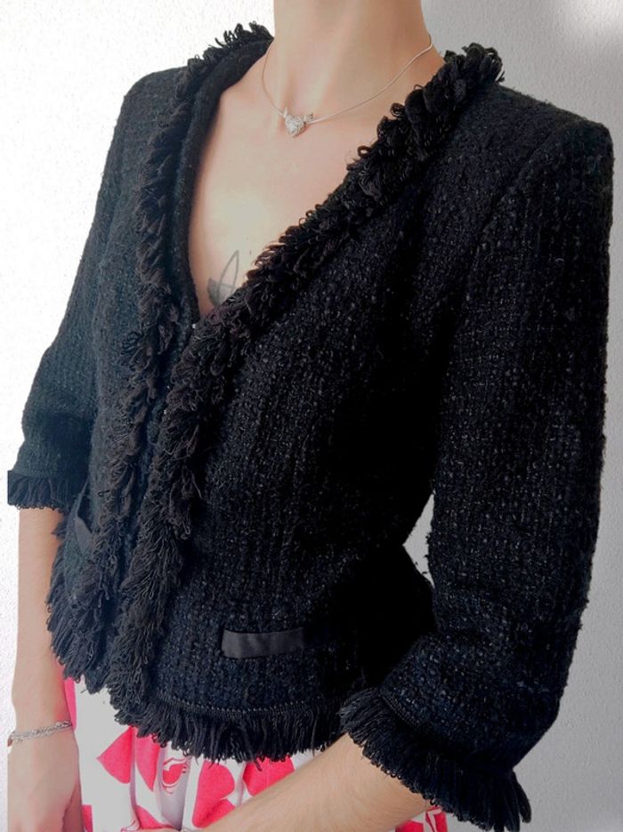 Veste blazer tweed froufrou noir fil argent laine Vintage / Apart - 34/XS ร 36/S - photo numรฉro 3