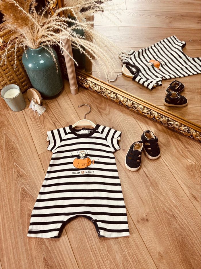 Taille 1 mois salopette d’été barboteuse garçon bleu marine et blanc * la mer * 💙